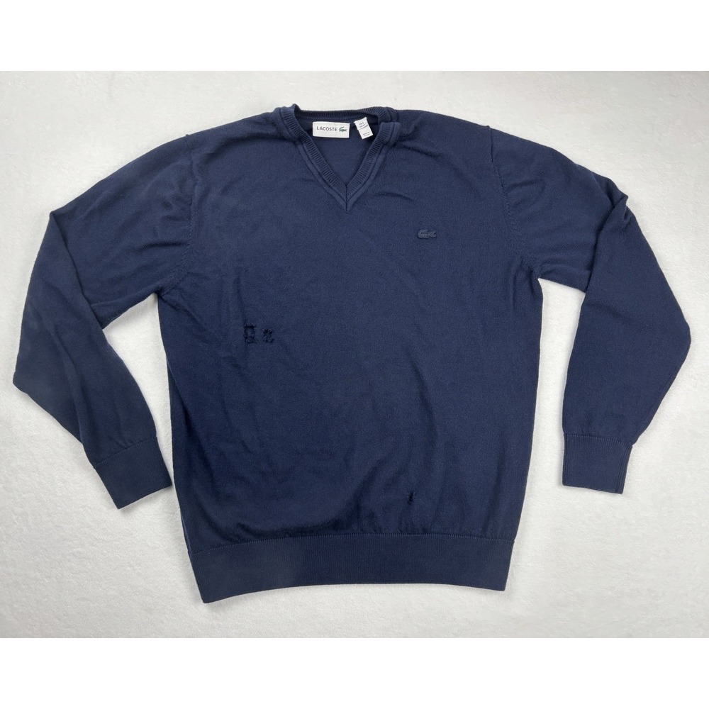 Lacoste Men's Merino Wool V Neck Sweater Navy Blue Distressed Size XL‎ XXL